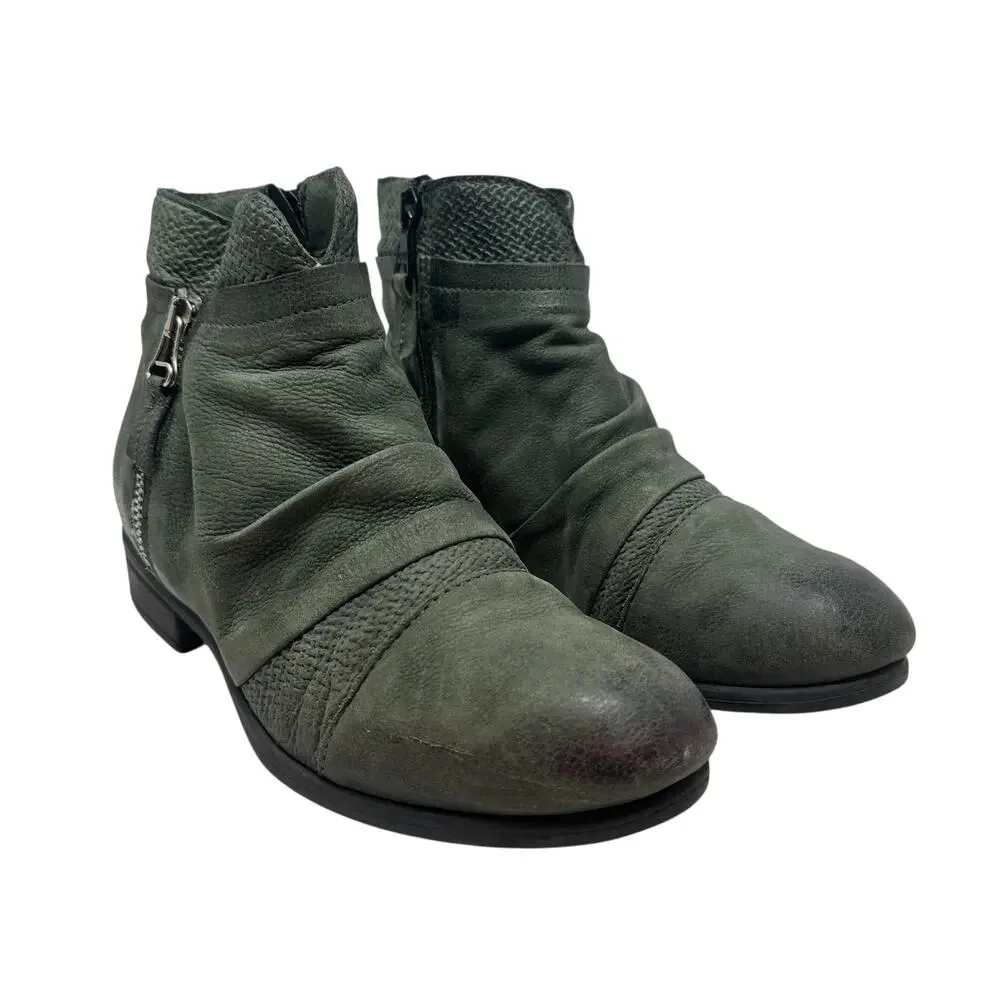 Miz Mooz Sunny Green Leather‎ Ankle Booties Boots Ruched Zip EU 36 US 6 Womens